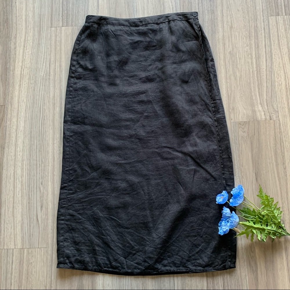 Eileen Fisher Black Irish Linen Aline Wrap Adjustable Skirt
